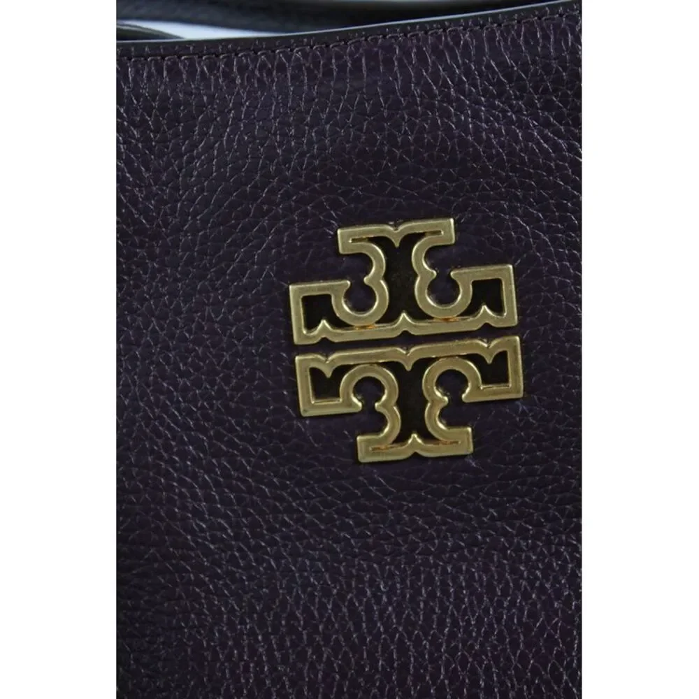 Tory Burch Womens Pebbled Leather Gold Tone Logo Shoulder Handbag Purple